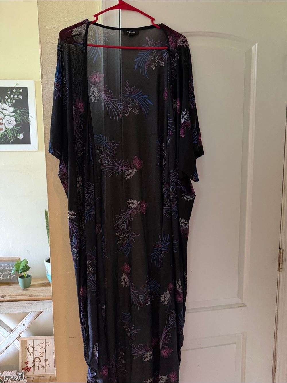 Torrid Black Sheer Floral Kimono with Purple & Blue Accents Size 3